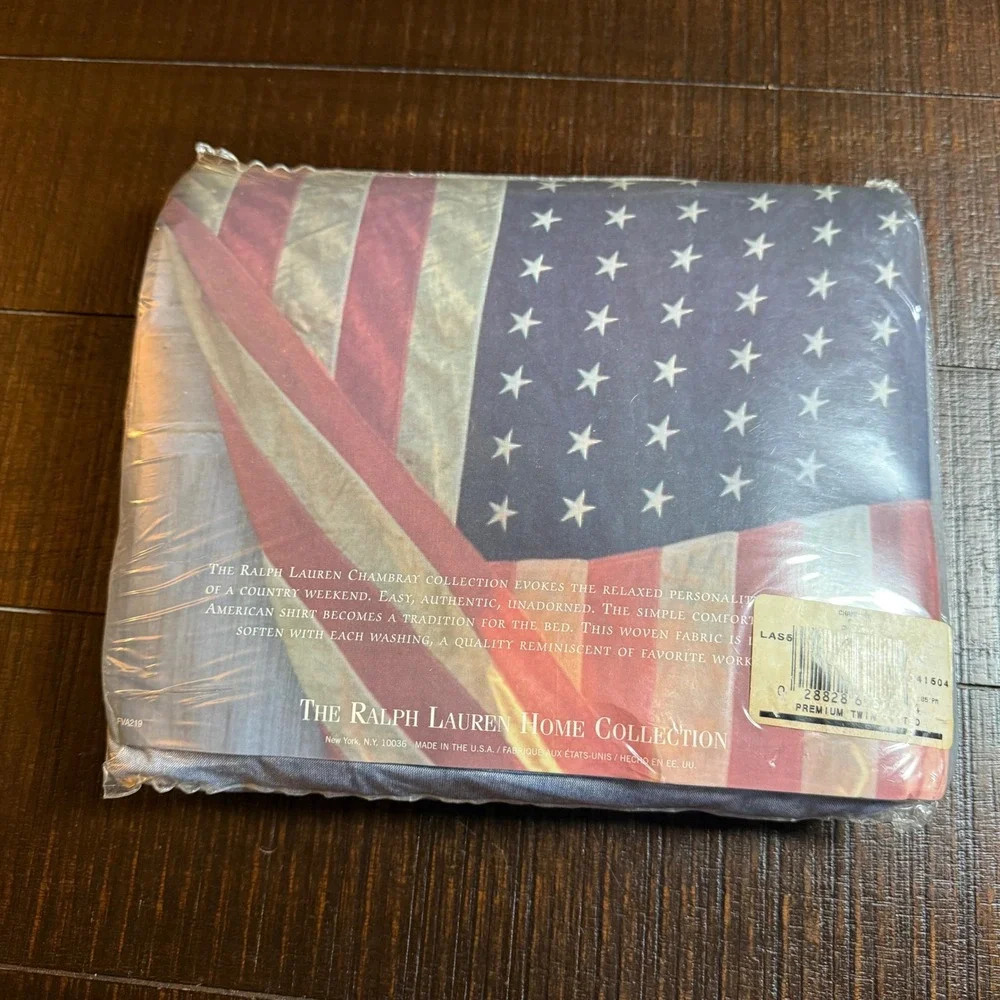VTG Ralph Lauren Chambray Twin Fitted Sheet Blue Denim Cotton USA Flag NIP NOS